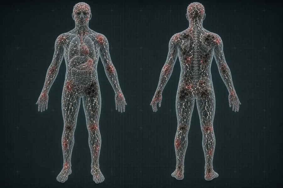 黑体生物理论所主张的人体分布示意。颜色深浅仅表示假说中的聚集密度与生命状态,不代表临床检查结果。