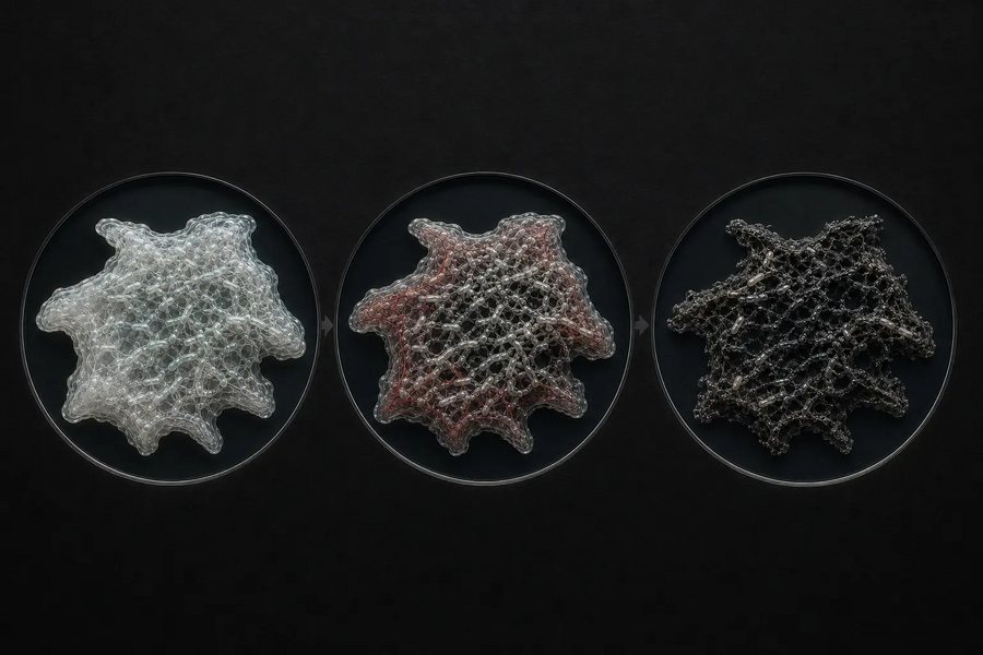 黑体生物颜色阶段假说复原:由高含水的乳白状态,经红色活跃状态,逐渐转为黑色残留。该图用于呈现理论模型,并非分类学鉴定结果。